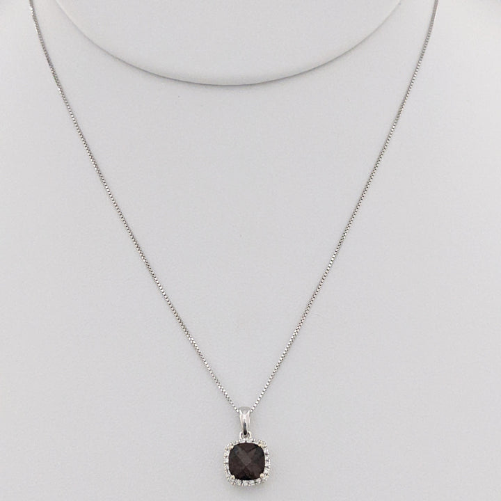 14K WHITE SMOKEY TOPAZ CUSHION CUT 6MM HALO ESTATE PENDANT & CHAIN 1.9 GRAMS