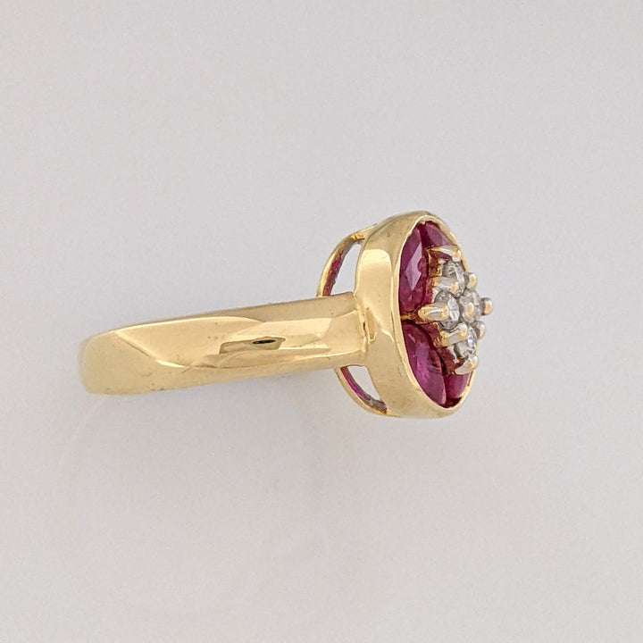 18K RUBY MARQUISE (4) 3X6 WITH .16DTW (4) ROUND ESTATE RING 4.7 GRAMS