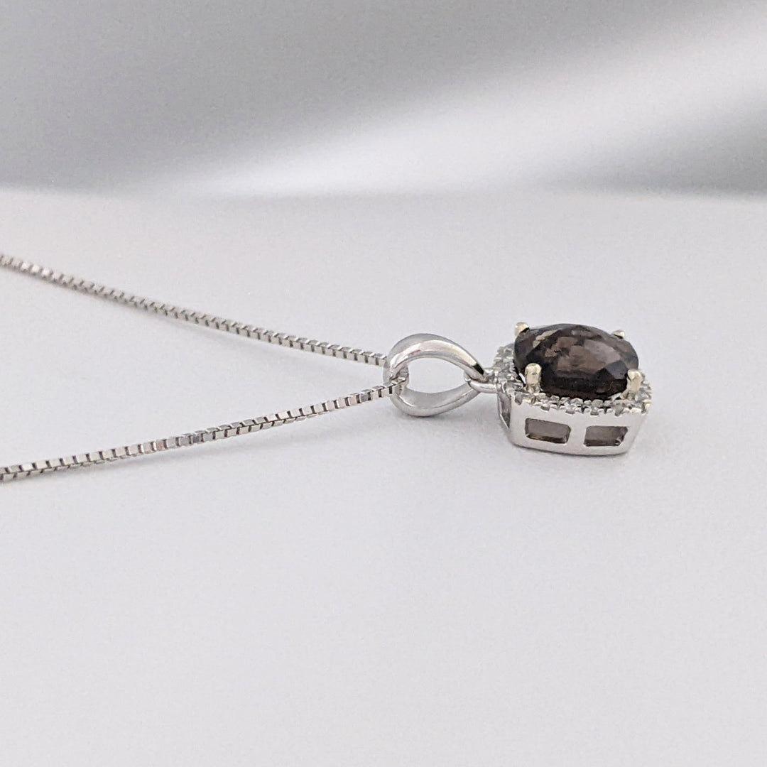 14K WHITE SMOKEY TOPAZ CUSHION CUT 6MM HALO ESTATE PENDANT & CHAIN 1.9 GRAMS