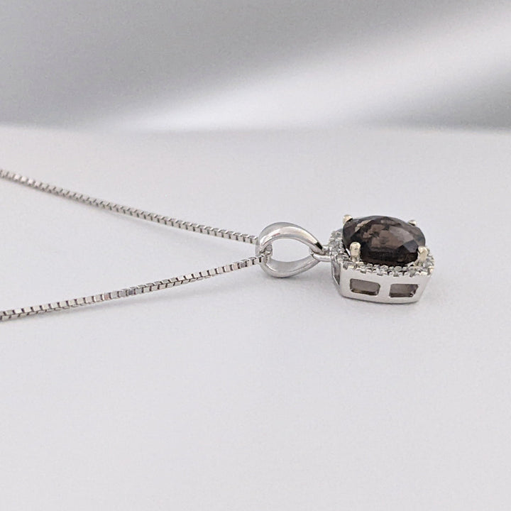 14K WHITE SMOKEY TOPAZ CUSHION CUT 6MM HALO ESTATE PENDANT & CHAIN 1.9 GRAMS