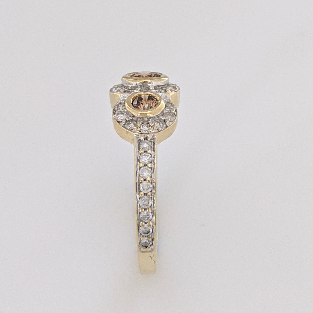 14K .95 CARAT TOTAL WEIGHT SI1 BROWN (3) WHITE (42) BEZEL HALO ESTATE RING 3.0 GRAMS