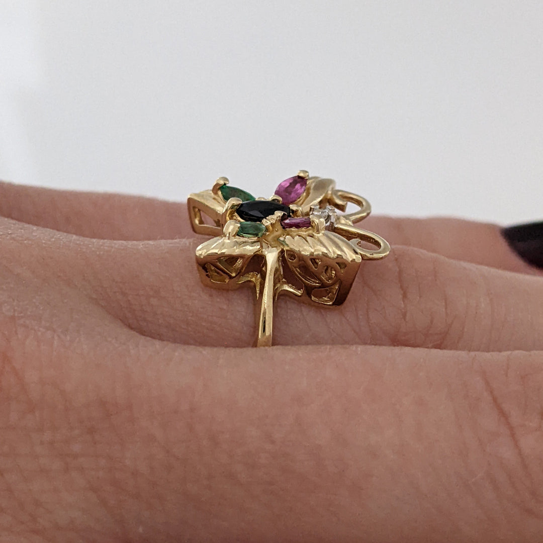 10K SAPPHIRE, RUBY, EMERALD MARQUISE WITH MELEE ESTATE BUTTERFLY RING 2.8 GRAMS