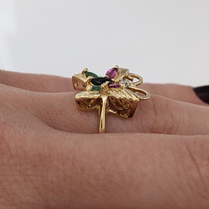 10K SAPPHIRE, RUBY, EMERALD MARQUISE WITH MELEE ESTATE BUTTERFLY RING 2.8 GRAMS
