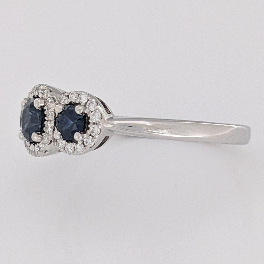 14K WHITE SAPPHIRE ROUND (3) 3-4MM WITH .28 DIAMOND TOTAL WEIGHT ESTATE HALO TRINITY RING 2.9 GRAMS