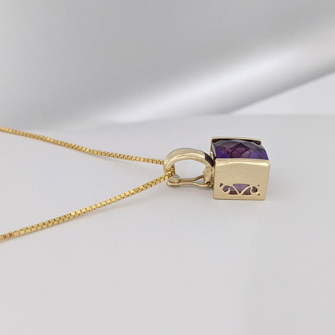 14K AMETHYST PRINCESS CUT 10MM BAR SET ESTATE PENDANT & CHAIN 8.1 GRAMS