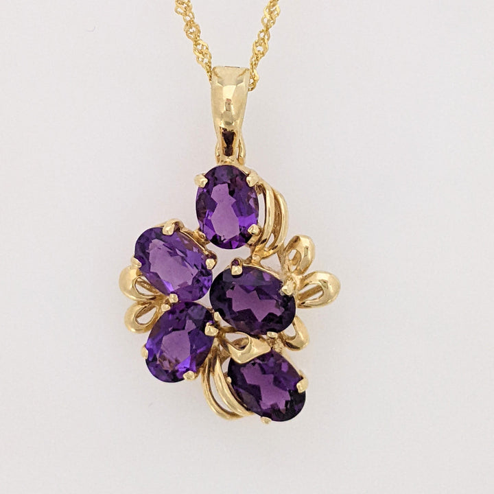 14K AMETHYST OVAL (5) 5X7 CLUSTER ESTATE PENDANT & CHAIN 3.9 GRAMS