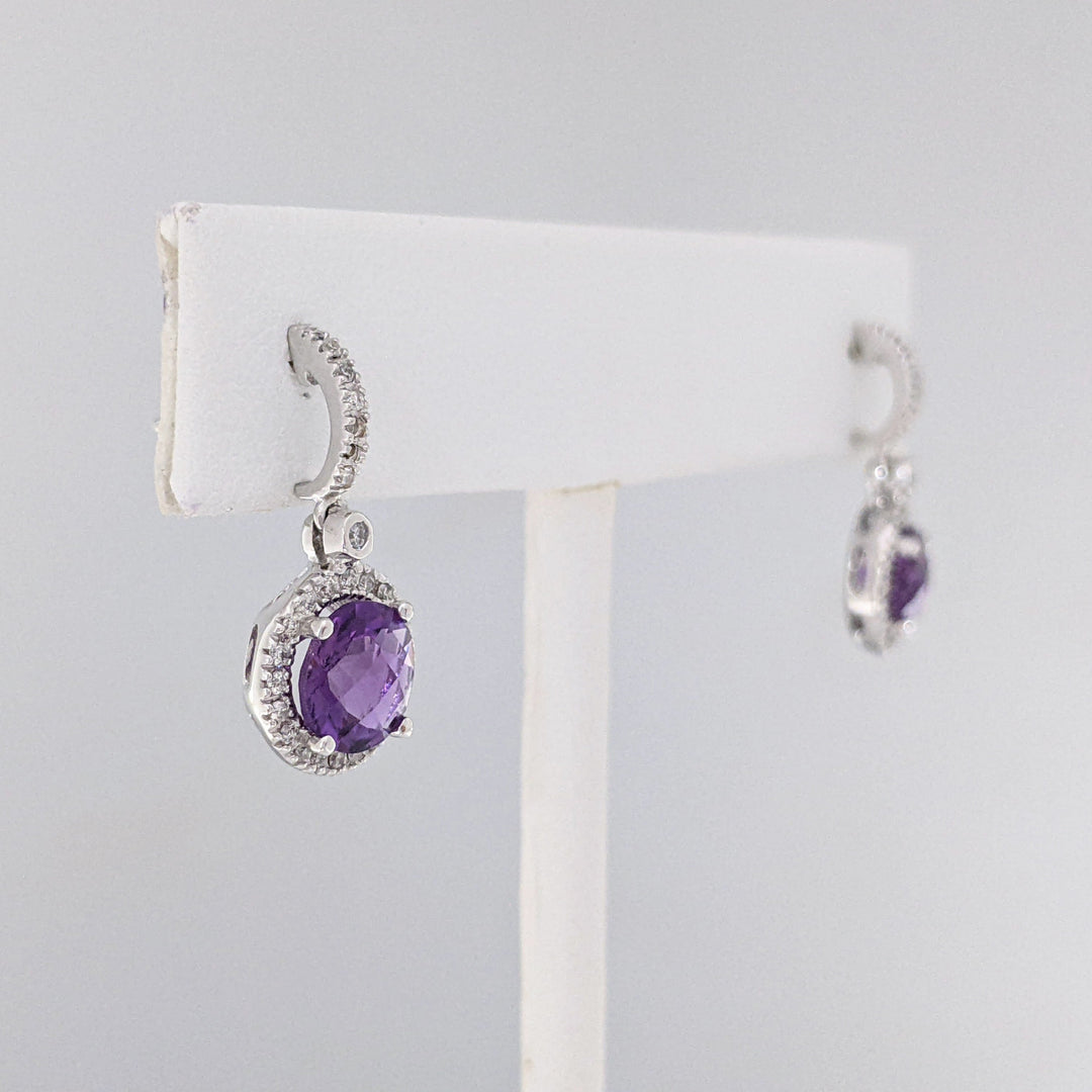 14K WHITE AMETHYST ROUND 7MM WITH .28 DIAMOND TOTAL WEIGHT DANGLE ESTATE EARRINGS 3.1 GRAMS