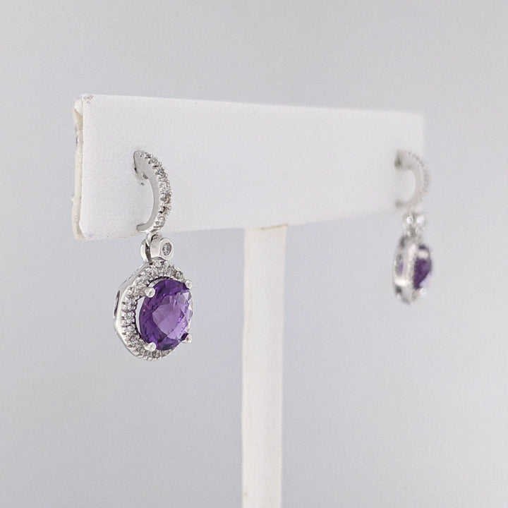 14K WHITE AMETHYST ROUND 7MM WITH .28 DIAMOND TOTAL WEIGHT DANGLE ESTATE EARRINGS 3.1 GRAMS