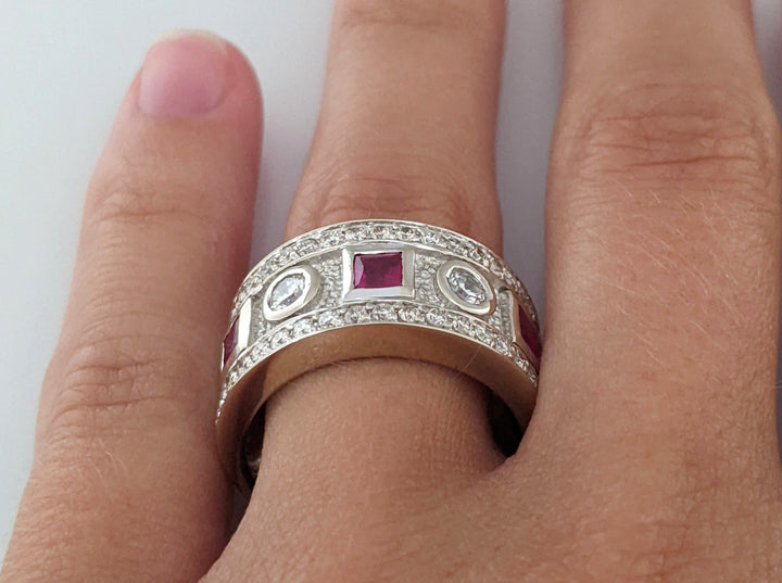 14K WHITE RUBY PRINCESS CUT (3) 3.5MM WITH .90 DIAMOND TOTAL WEIGHT ESTATE BAND 8.9 GRAMS