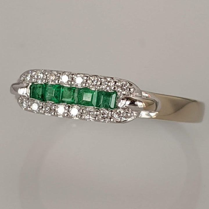 14k White Gold- 5 Princess Cut Emeralds & .14ctw in Diamonds