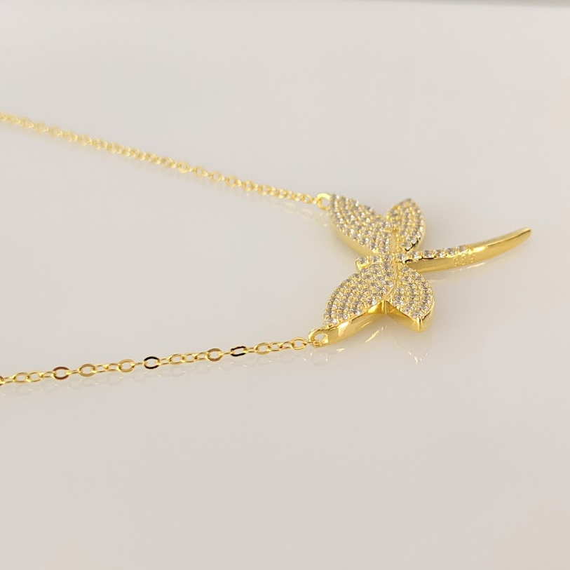 Dragonfly Necklace- Silver Sterling w/ Gold Plate- Clear Crystal Stones