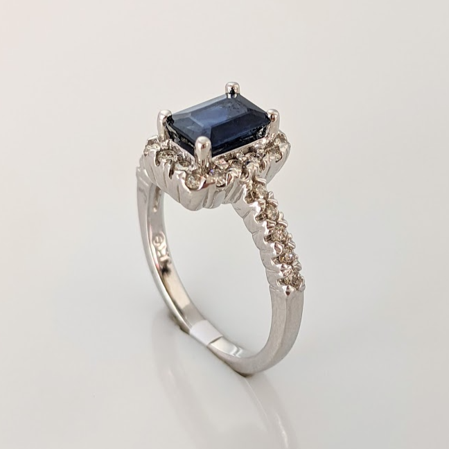 14k White Gold, 1.20ct Emerald Cut Genuine Sapphire Ring w/ .36ctw Diamonds