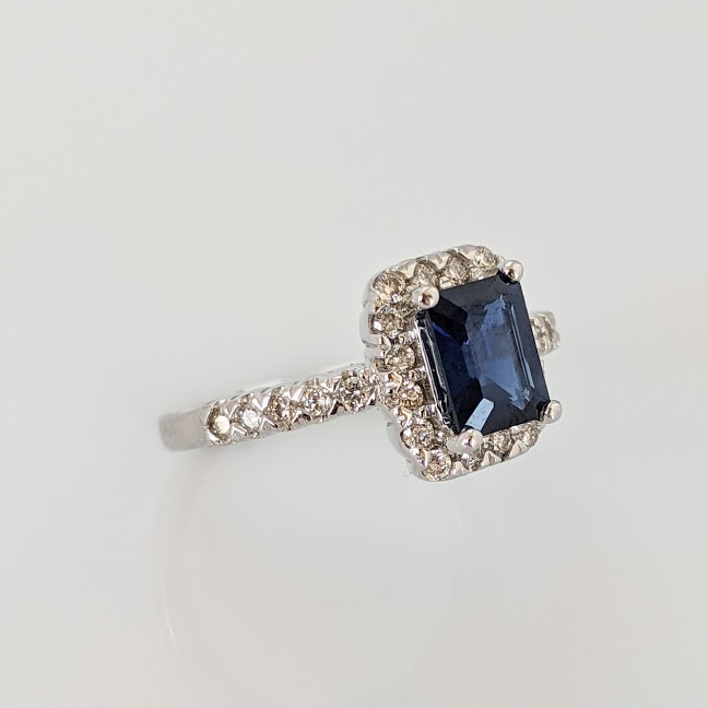14k White Gold, 1.20ct Emerald Cut Genuine Sapphire Ring w/ .36ctw Diamonds