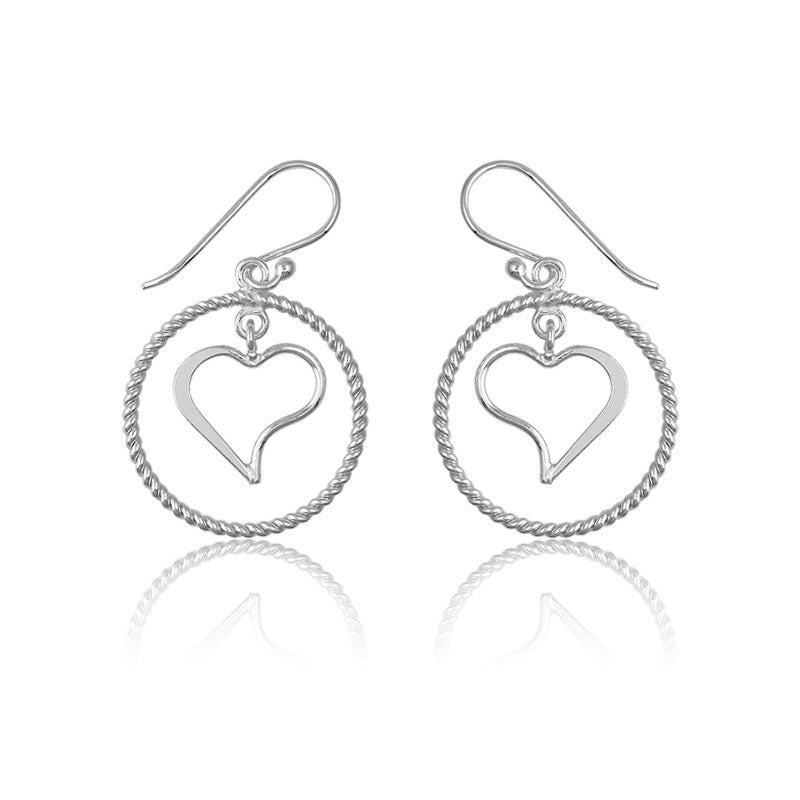 Sterling Silver Twisted Wire Open Circle w/ Center Heart Earrings