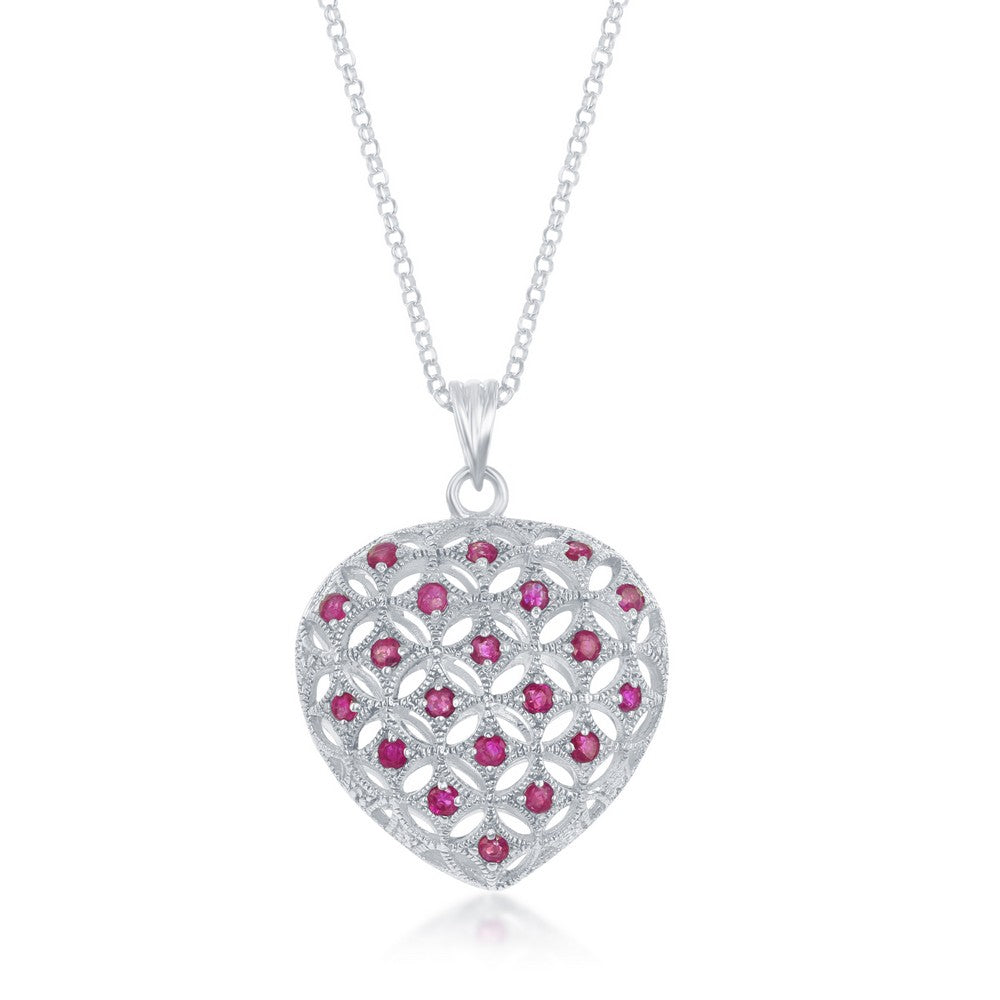 Sterling Silver Ruby Puffed Heart Pendant