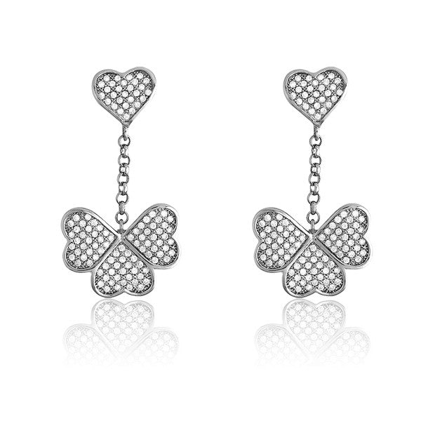 Sterling Silver Micro Pave CZ 4-Leaf Clover w/ Chain Earrings (224 stones)
