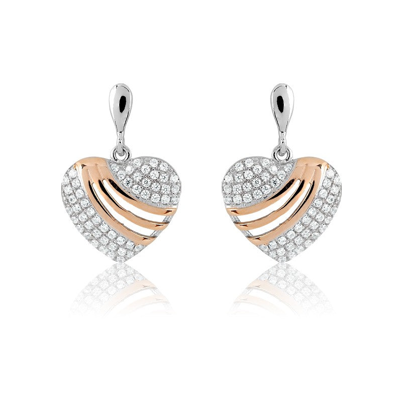 Sterling Silver CZ Micro Pave and Rose-Gold Stripes Heart Earrings (102 stones)