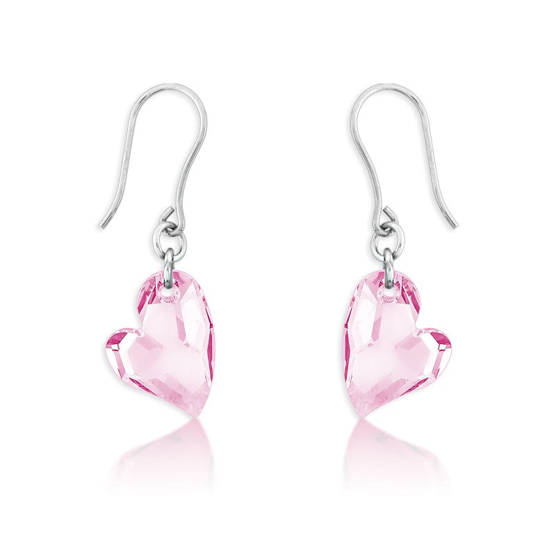 Sterling Silver Uneven Pink Swarovski Crystal Heart Earrings