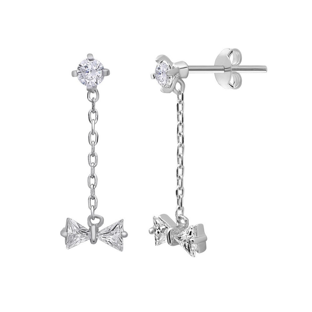 Sterling Silver Hanging Chain with Small CZ Bow Earrings