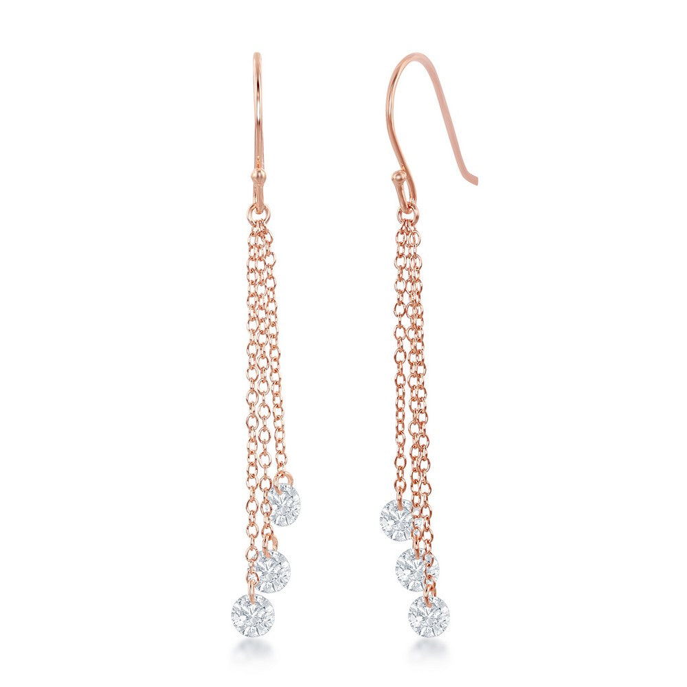 Sterling Silver Three Single Hanging CZ's Dangling Earrings - Rose Gold Plated