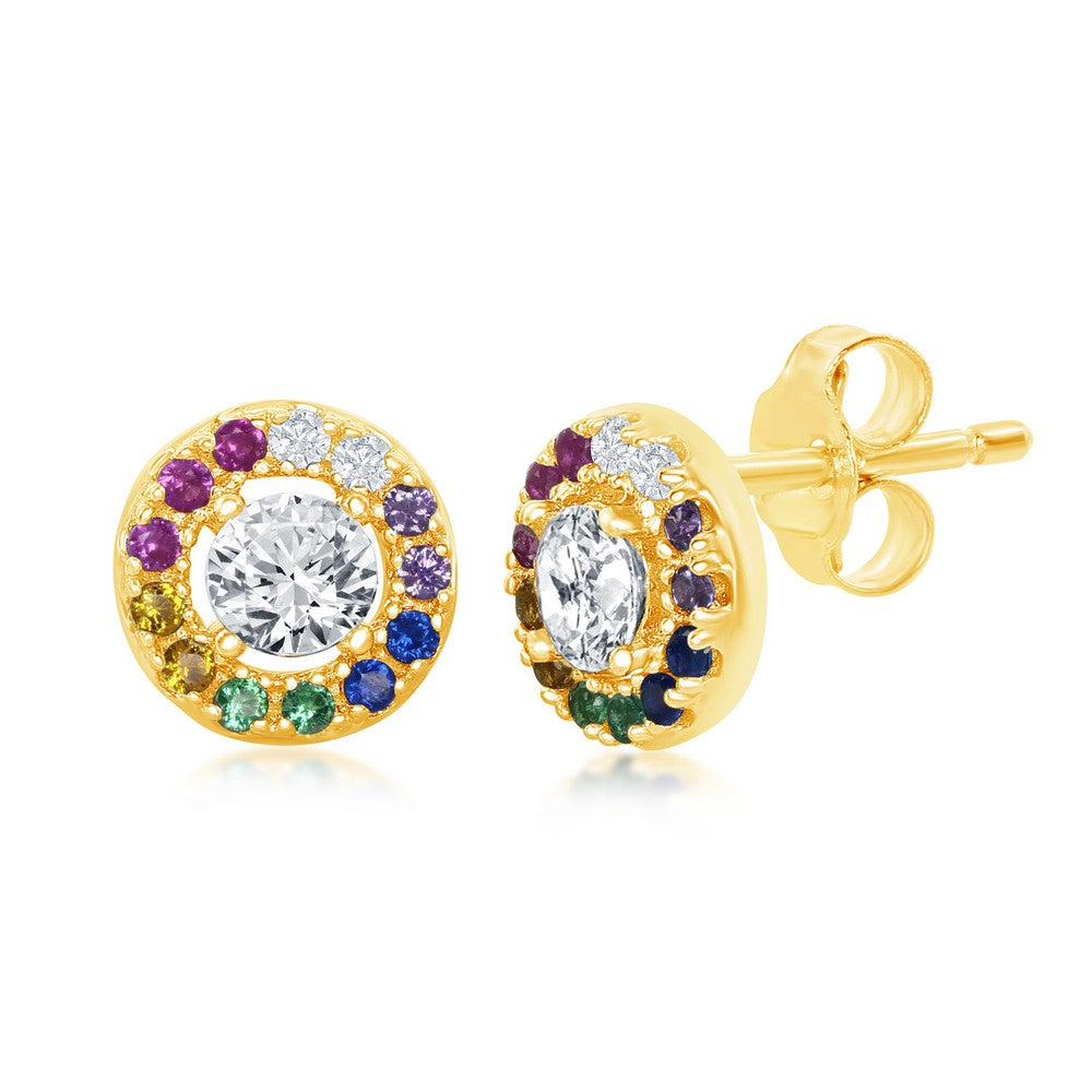 Sterling Silver Center Gold Plated White CZ with Rainbow CZ Border Round Stud Earrings