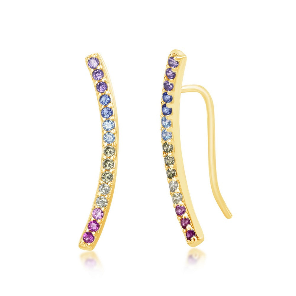 Sterling Silver Rainbow CZ Crawler Earrings - Gold Plated