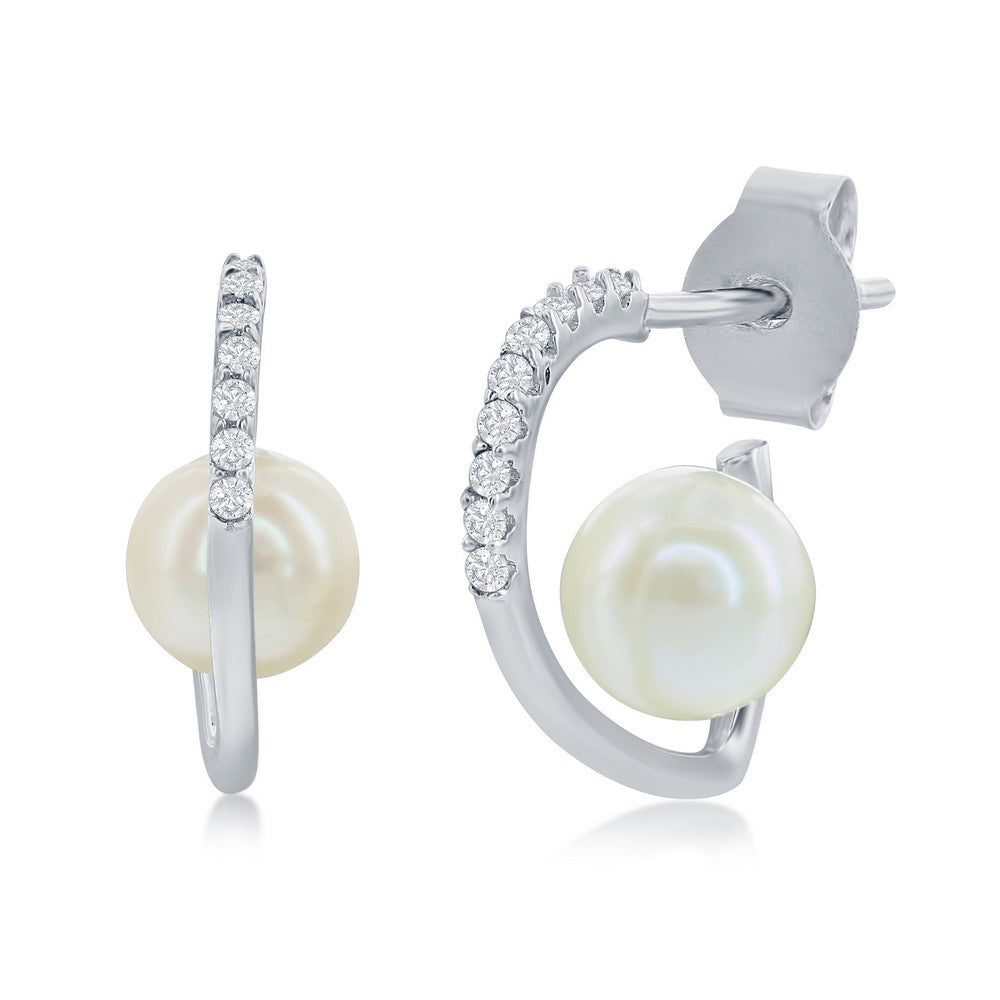 Sterling Silver Half CZ Heart w/ Round Freshwater Pearl Earrings