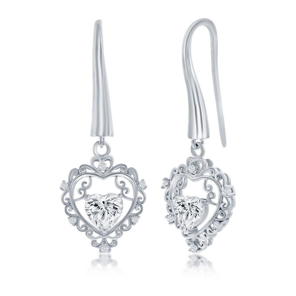 Sterling Silver Heart CZ Dangle Earrings