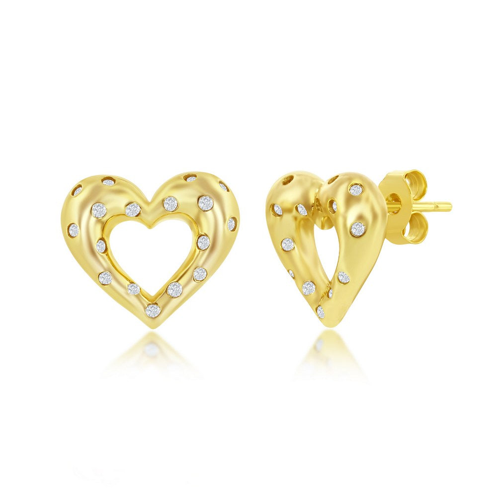 Sterling Silver Flush Set CZ Heart Earrings - Gold Plated