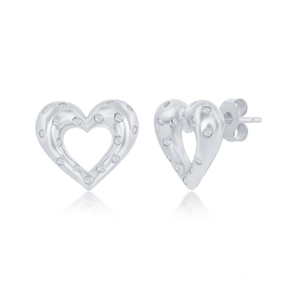 Sterling Silver Flush Set CZ Heart Earrings