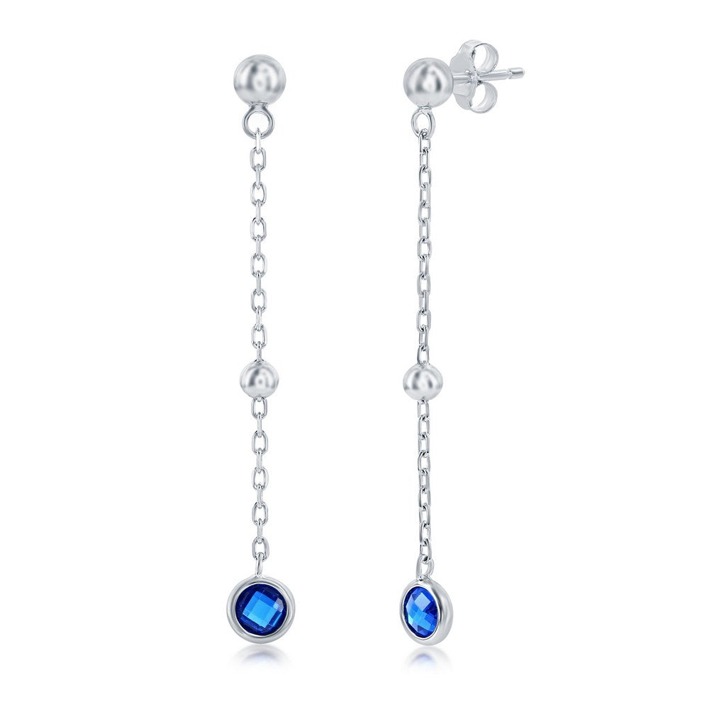 Sterling Silver Bezel-Set CZ & Bead Chain Earrings - Sapphire