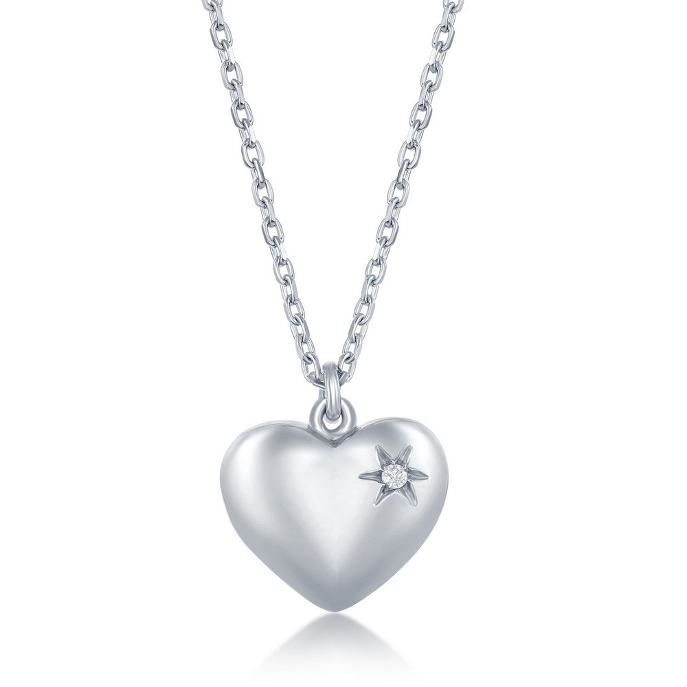 Sterling Silver 0.009ctw Diamond Puffed Heart Necklace