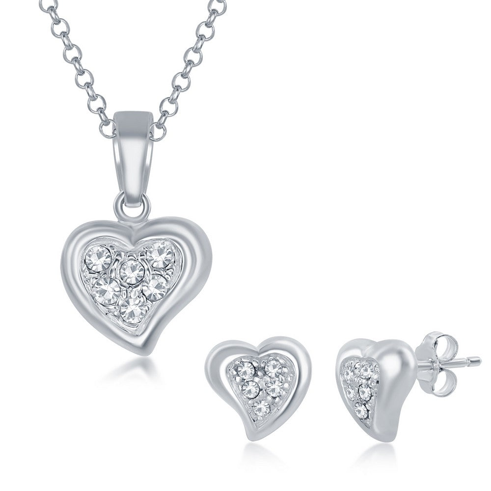 Sterling Silver CZ Heart Pendant & Earrings Set W/Chain