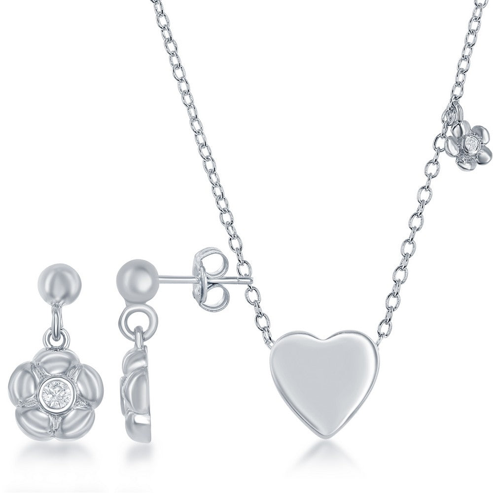 Sterling Silver Shiny Heart with Tiny CZ Flower Necklace and Earrings Set