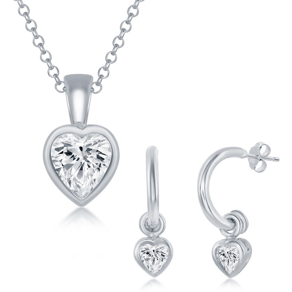 Sterling Silver Heart CZ Pendant & Earrings Set W/Chain