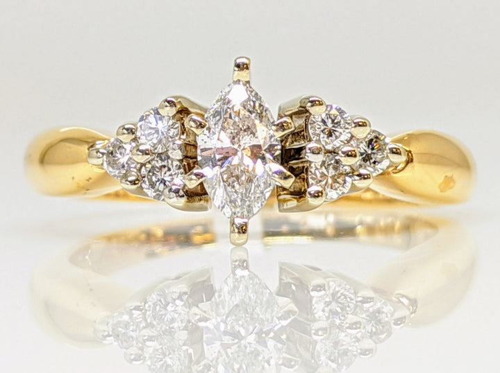 14K .47 CARAT TOTAL WEIGHT I1 E-F DIAMOND MARQUISE CUT WITH (6) ROUND ESTATE RING 3.4 GRAMS