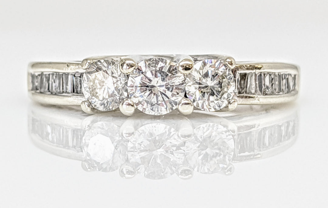 14KW 1.01 CARAT TOTAL WEIGHT I1 F DIAMOND ROUND (3) BAGUETTE CUT (49) TRINITY ESTATE RING 3.3 GRAMS