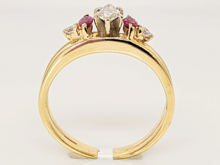 14K .36 CARAT TOTAL WEIGHT DIAMOND MARQUISE CUT WITH (2) ROUND AND (2) RUBY MARQUISE ESTATE RING 3.6 GRAMS