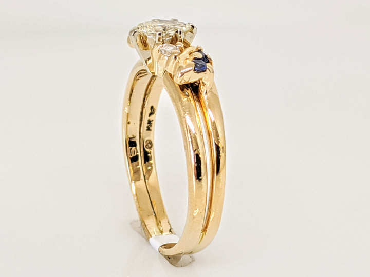 14K .29 CARAT TOTAL WEIGHT SI2 I DIAMOND MARQUISE CUT WITH (2) ROUND AND (4) SAPPHIRE ROUND ESTATE SET 3.2 GRAMS