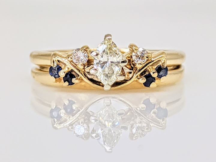 14K .29 CARAT TOTAL WEIGHT SI2 I DIAMOND MARQUISE CUT WITH (2) ROUND AND (4) SAPPHIRE ROUND ESTATE SET 3.2 GRAMS