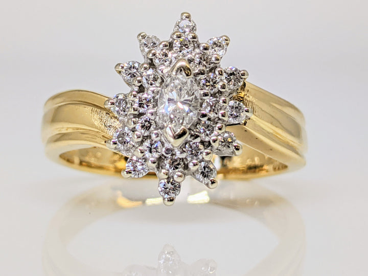 14K .63 CARAT TOTAL WEIGHT SI2 G DIAMOND MARQUISE CUT (1) ROUND (24) ESTATE CLUSTER RING 4.9 GRAMS