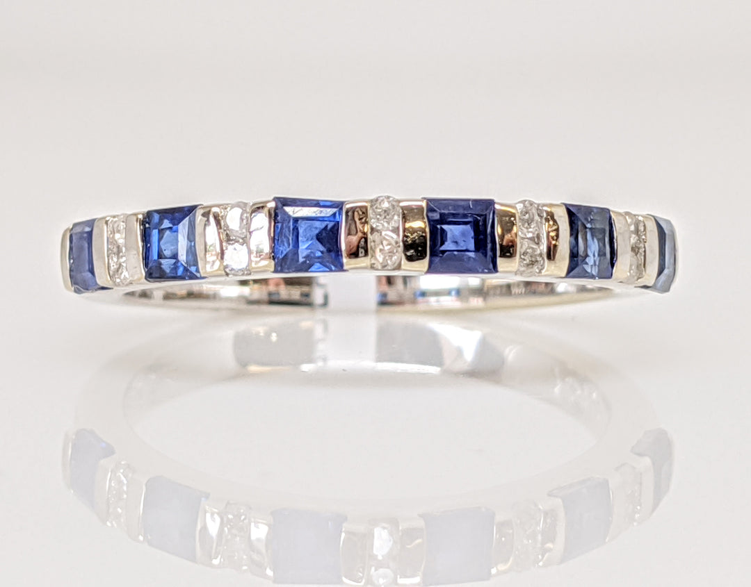 14KW SAPPHIRE PRINCESS CUT 2.5MM (6) WITH .10 DIAMOND TOTAL WEIGHT ESTATE BAND 2.5 GRAMS