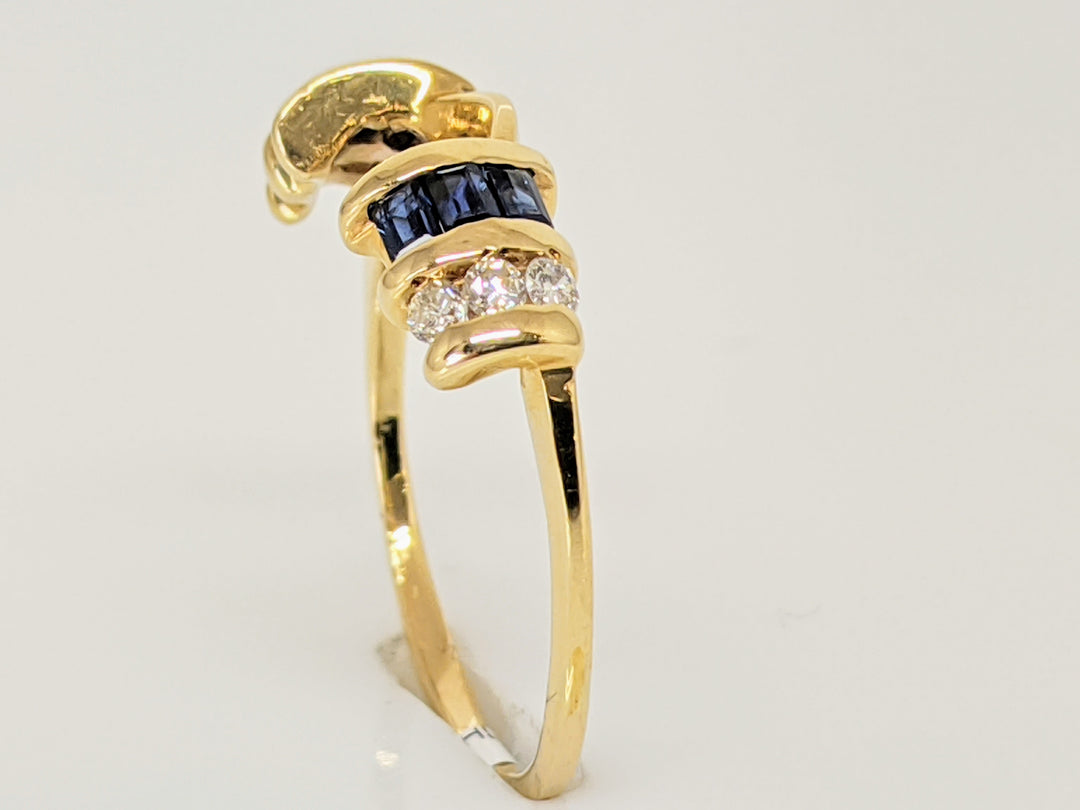 14K SAPPHIRE BAGUETTE (6) WITH .10 CARAT TOTAL WEIGHT DIAMOND ROUND (6) ESTATE WRAP 1.8 GRAMS