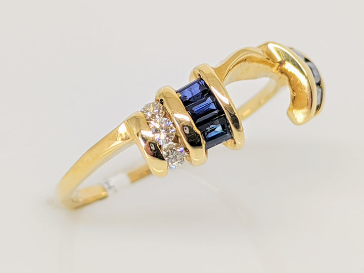 14K SAPPHIRE BAGUETTE (6) WITH .10 CARAT TOTAL WEIGHT DIAMOND ROUND (6) ESTATE WRAP 1.8 GRAMS
