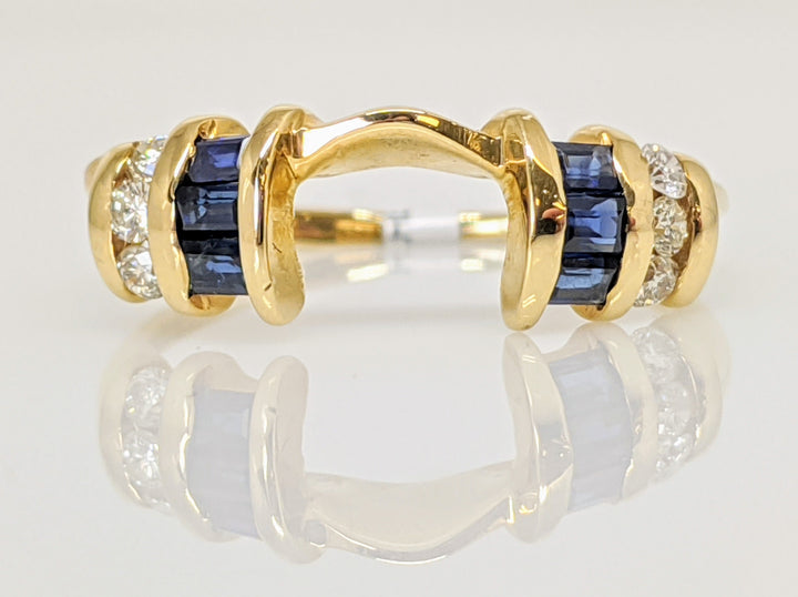14K SAPPHIRE BAGUETTE (6) WITH .10 CARAT TOTAL WEIGHT DIAMOND ROUND (6) ESTATE WRAP 1.8 GRAMS