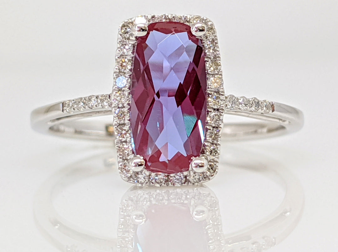 14KW LAB CREATED ALEXANDRITE EMERALD CUT 5X10 WITH .16 DIAMOND TOTAL WEIGHT ESTATE RING
