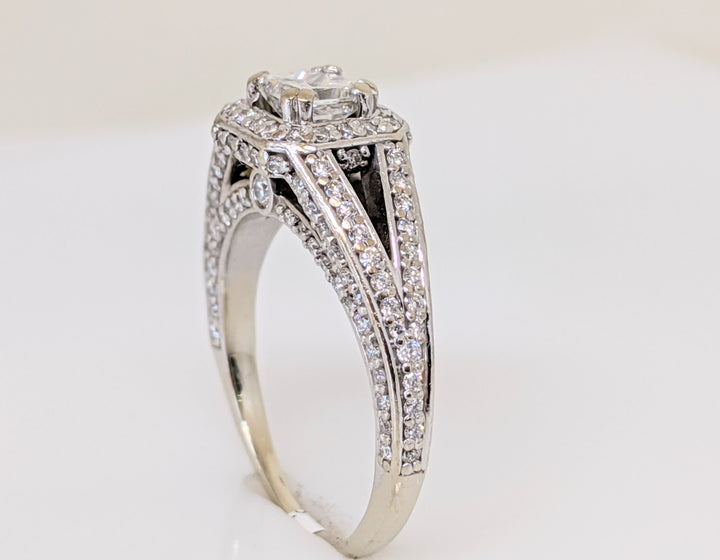 14K WHITE 1.58 CARAT TOTAL WEIGHT SI2 I DIAMOND PRINCESS CUT (1) ROUND (143) HALO ESTATE RING 5.0 GRAMS