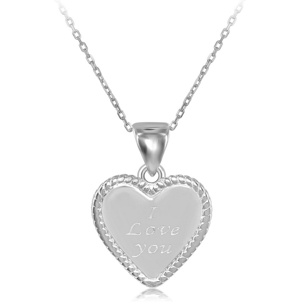 Sterling Silver Rope Border Heart "I Love You" Pendant W/Chain