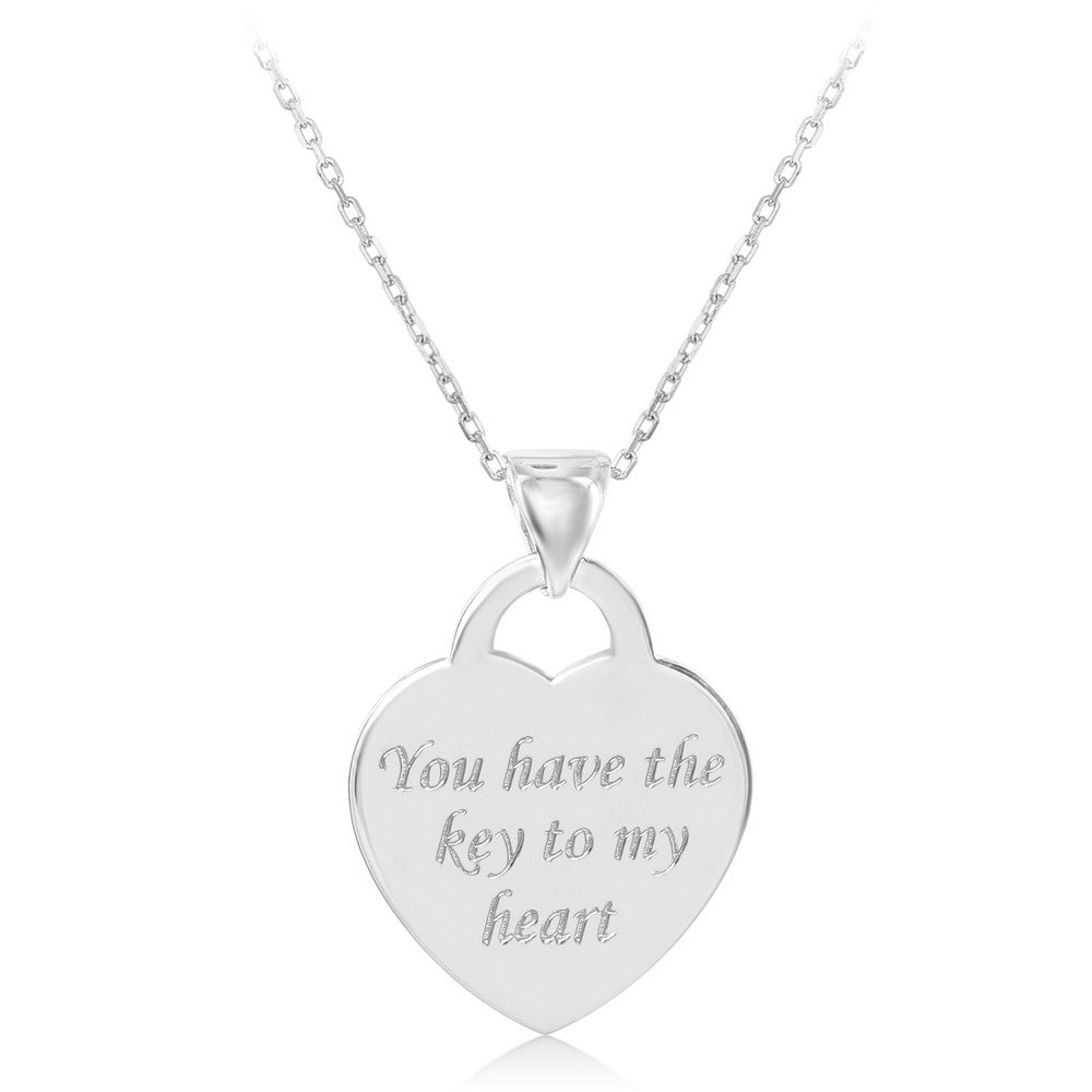 Sterling Silver Flat Heart "You Have The Key to My Heart" Pendant W/Chain