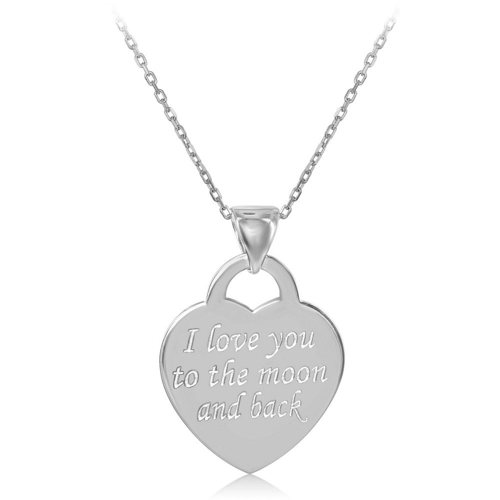 Sterling Silver Flat Heart "I Love You To The Moon And Back" Pendant W/Chain